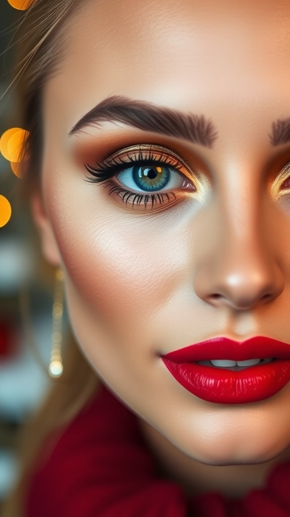 Glamorous Christmas makeup with red lips and gold eyeshadow, featuring highlighted cheeks and defined brows.